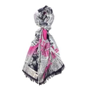 NWT Kate SpadeNewspaper Print Scarf with Pink Accent,Paris,36x80
